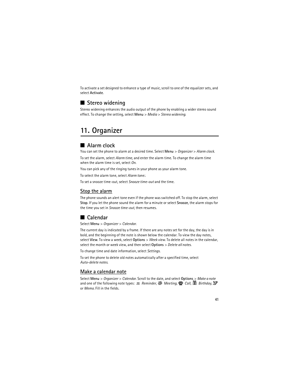 Stereo widening, Organizer, Alarm clock | Calendar, Alarm clock calendar | Nokia 3610 User Manual | Page 42 / 121