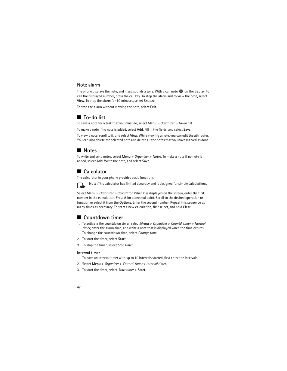 To-do list, Notes, Calculator | Countdown timer, To-do list notes calculator countdown timer | Nokia 3610 User Manual | Page 43 / 121