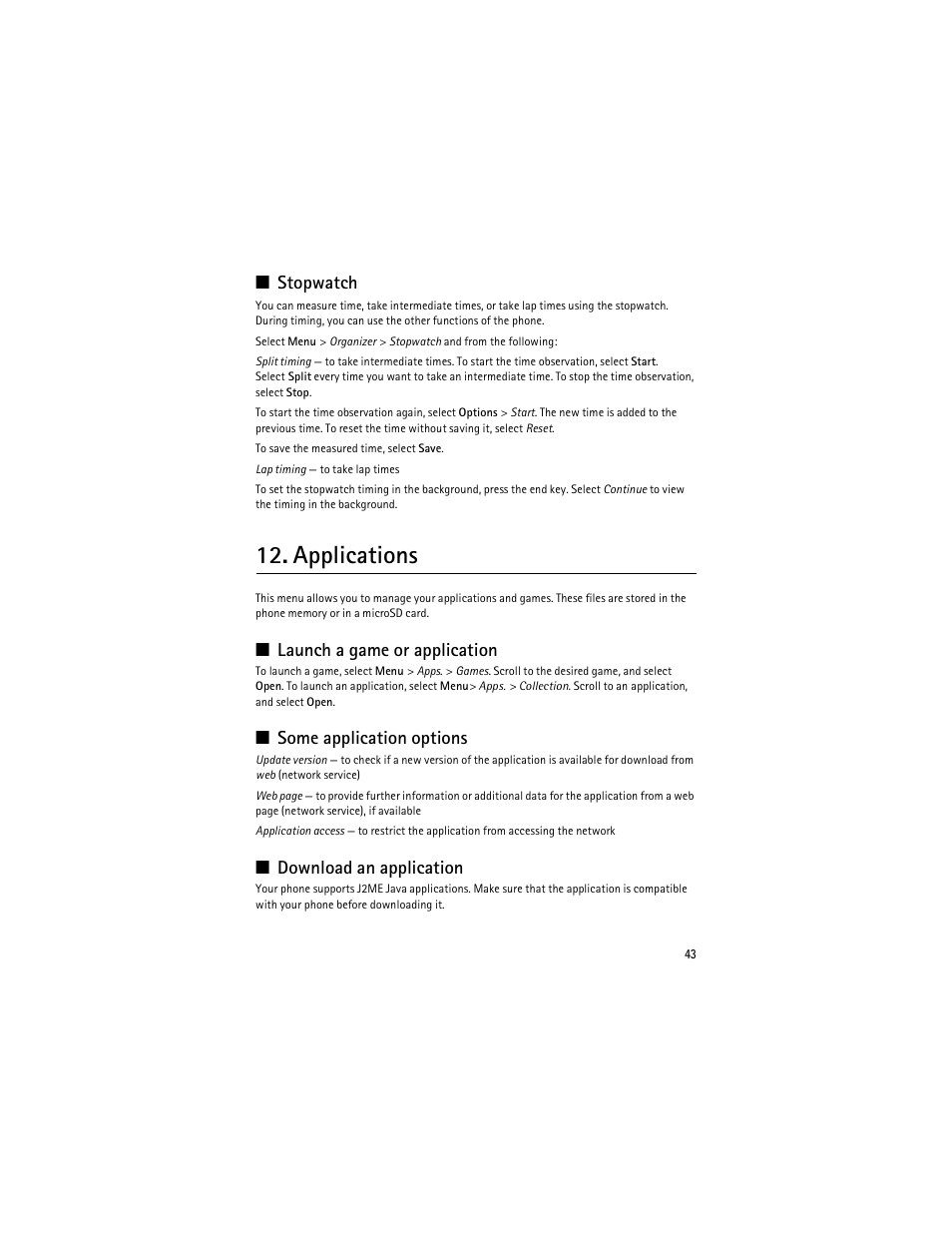 Stopwatch, Applications, Launch a game | Some application options, Download an application, Launch a game or application | Nokia 3610 User Manual | Page 44 / 121