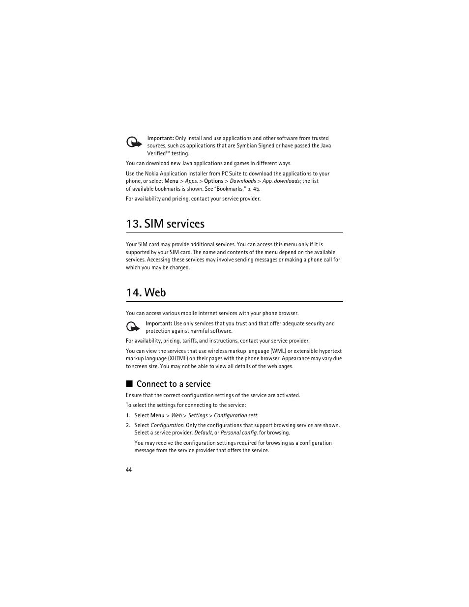 Sim services, Connect to a service | Nokia 3610 User Manual | Page 45 / 121