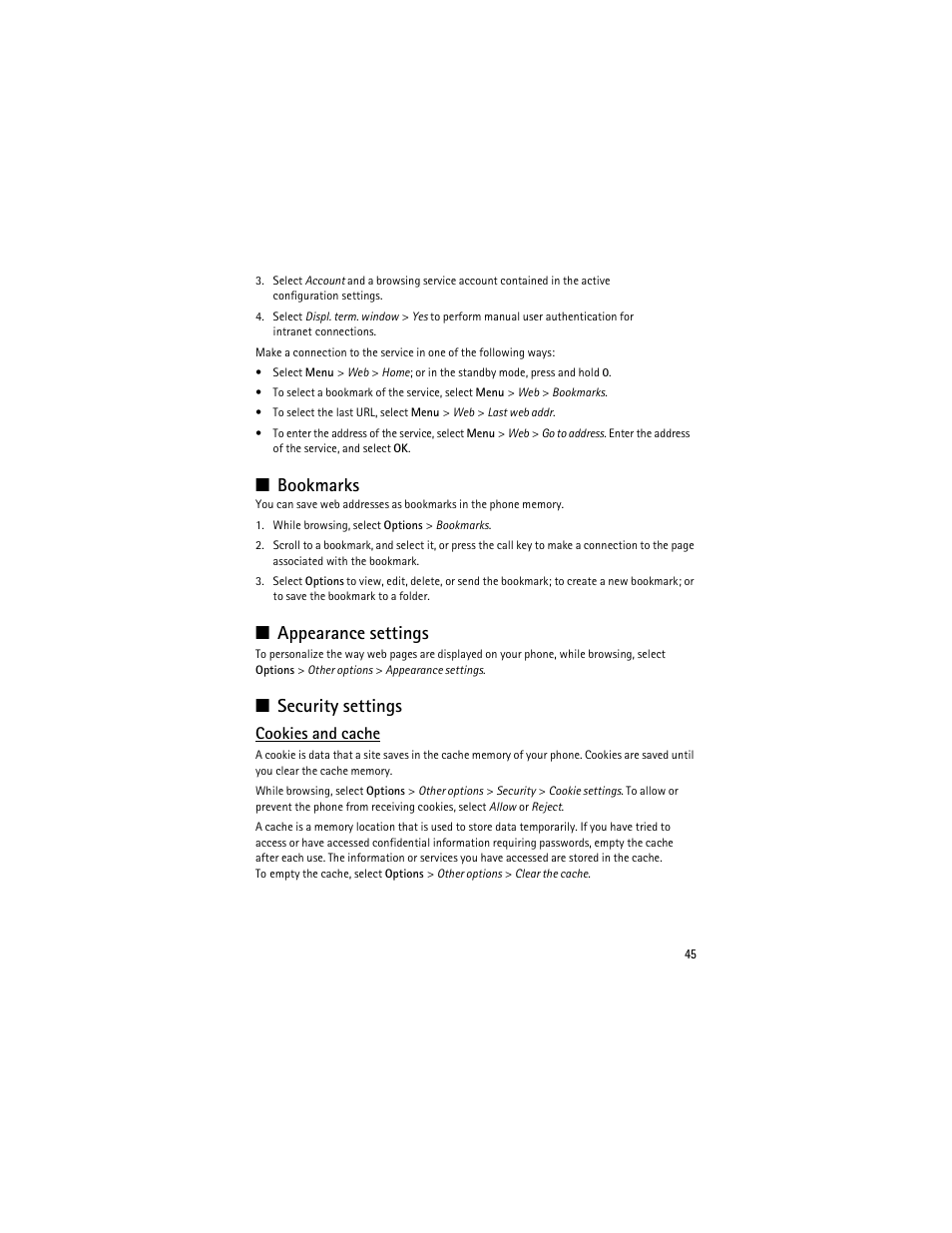 Bookmarks, Appearance settings, Security settings | Bookmarks appearance settings security settings, Cookies and cache | Nokia 3610 User Manual | Page 46 / 121