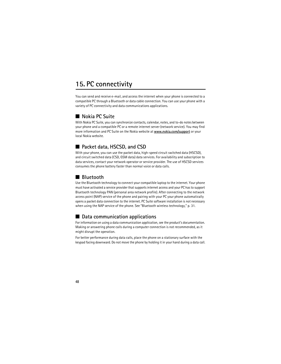 Pc connectivity, Nokia pc suite, Packet data, hscsd, and csd | Bluetooth, Data communication applications | Nokia 3610 User Manual | Page 49 / 121