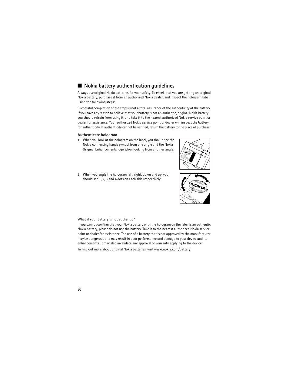 Nokia battery authentication guidelines | Nokia 3610 User Manual | Page 51 / 121