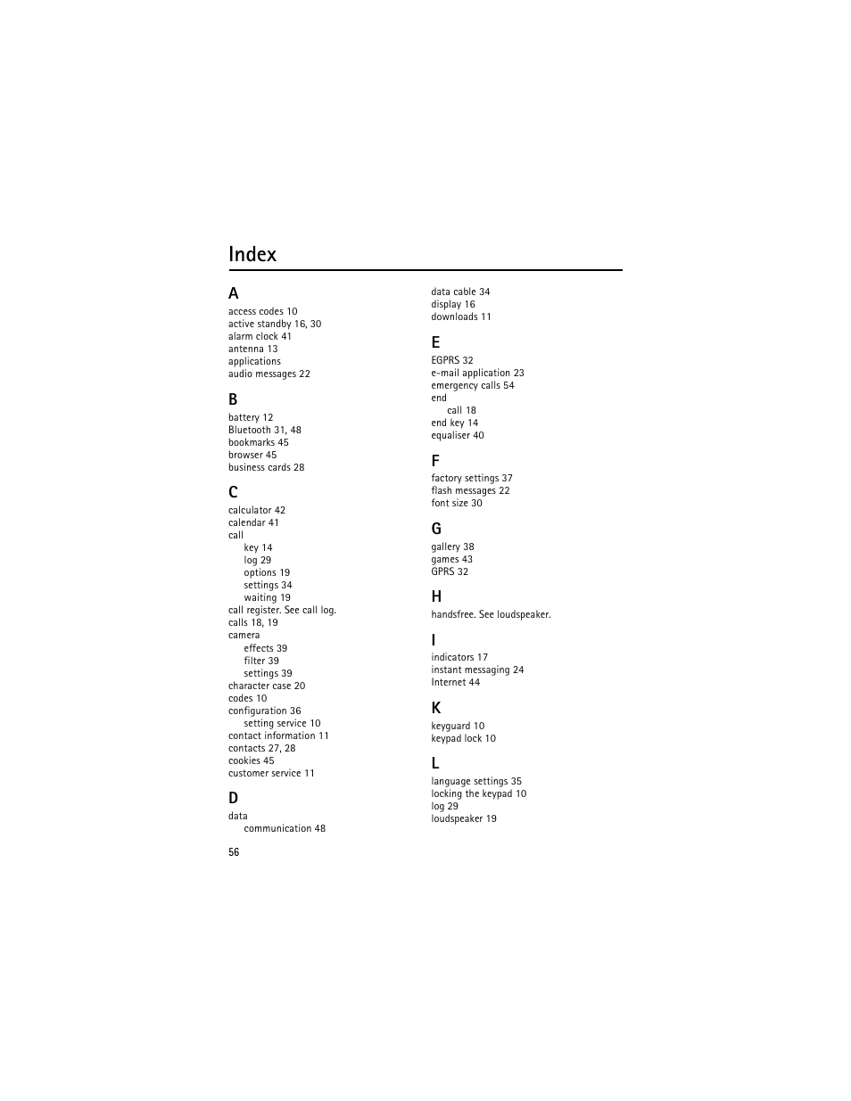 Index | Nokia 3610 User Manual | Page 57 / 121