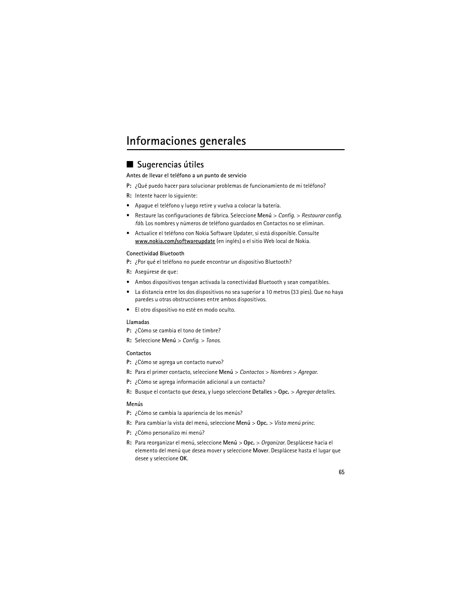 Informaciones generales, Sugerencias útiles | Nokia 3610 User Manual | Page 66 / 121