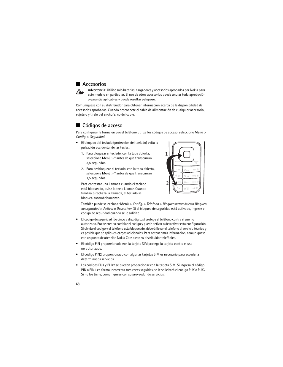 Accesorios, Códigos de acceso, Accesorios códigos de acceso | Nokia 3610 User Manual | Page 69 / 121