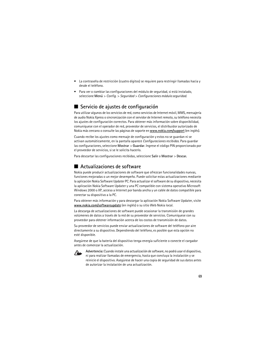 Servicio de ajustes de configuración, Actualizaciones de software | Nokia 3610 User Manual | Page 70 / 121