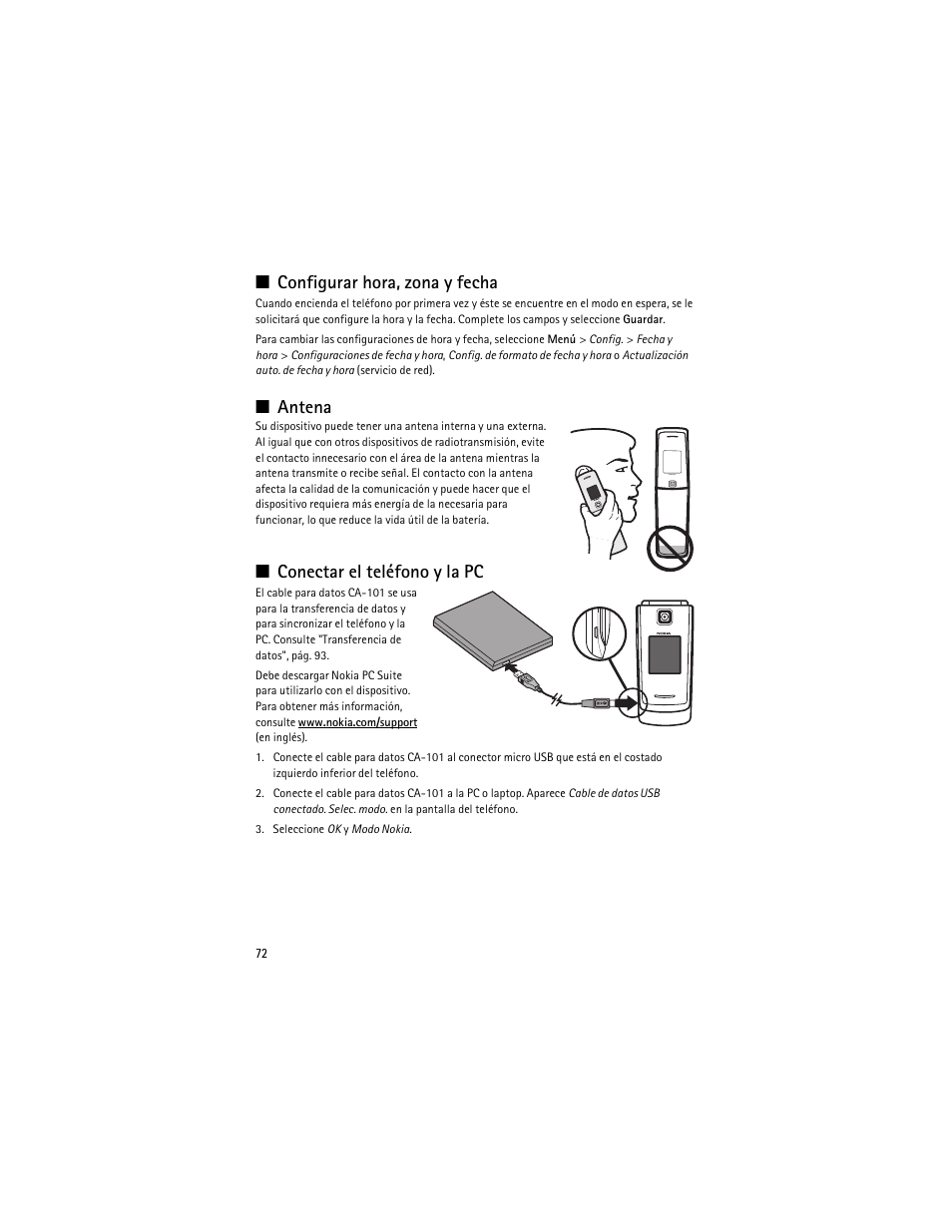Configurar hora, zona y fecha, Antena, Conectar el teléfono y la pc | Nokia 3610 User Manual | Page 73 / 121