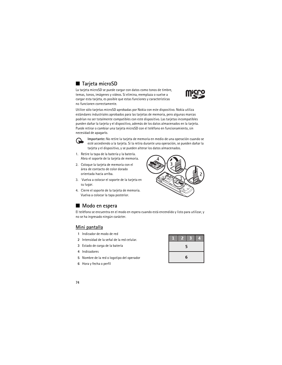 Tarjeta microsd, Modo en espera, Tarjeta microsd modo en espera | Mini pantalla | Nokia 3610 User Manual | Page 75 / 121