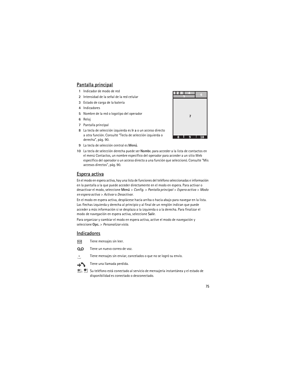 Pantalla principal, Espera activa, Indicadores | Nokia 3610 User Manual | Page 76 / 121