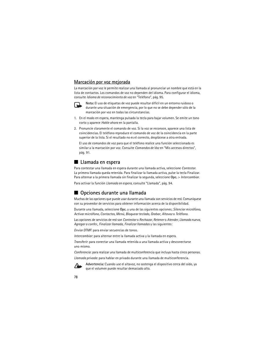 Llamada en espera, Opciones durante una llamada, Llamada en espera opciones durante una llamada | Marcación por voz mejorada | Nokia 3610 User Manual | Page 79 / 121