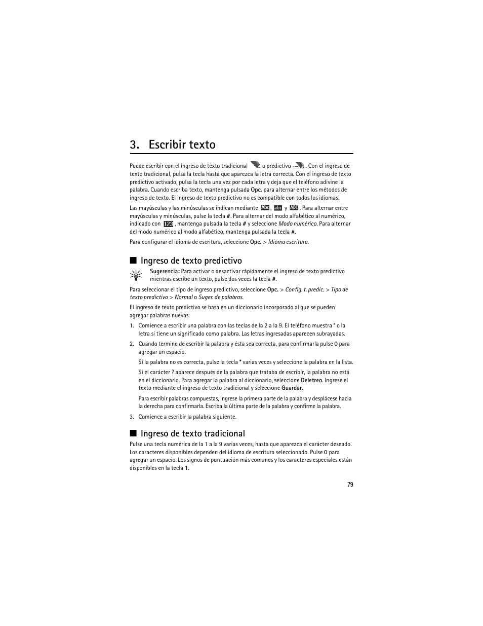 Escribir texto, Ingreso de texto predictivo, Ingreso de texto tradicional | Nokia 3610 User Manual | Page 80 / 121