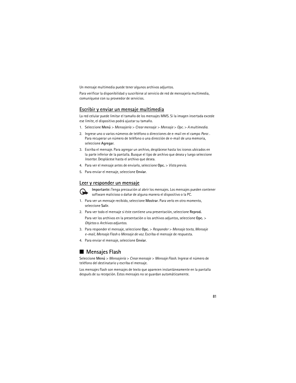 Mensajes flash, Escribir y enviar un mensaje multimedia, Leer y responder un mensaje | Nokia 3610 User Manual | Page 82 / 121