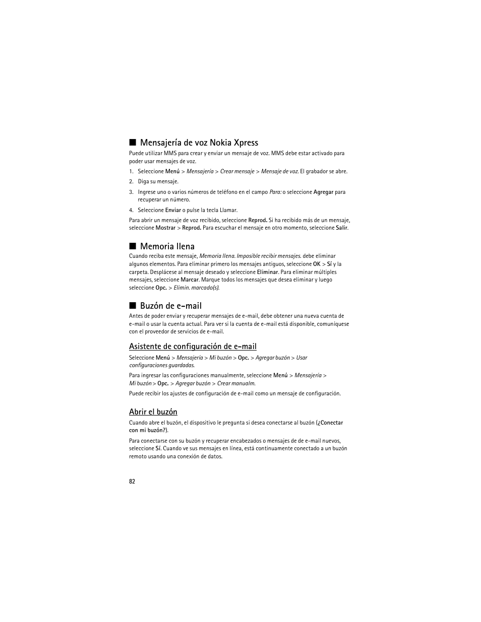 Mensajería de voz nokia xpress, Memoria llena, Buzón de e-mail | Asistente de configuración de e-mail, Abrir el buzón | Nokia 3610 User Manual | Page 83 / 121