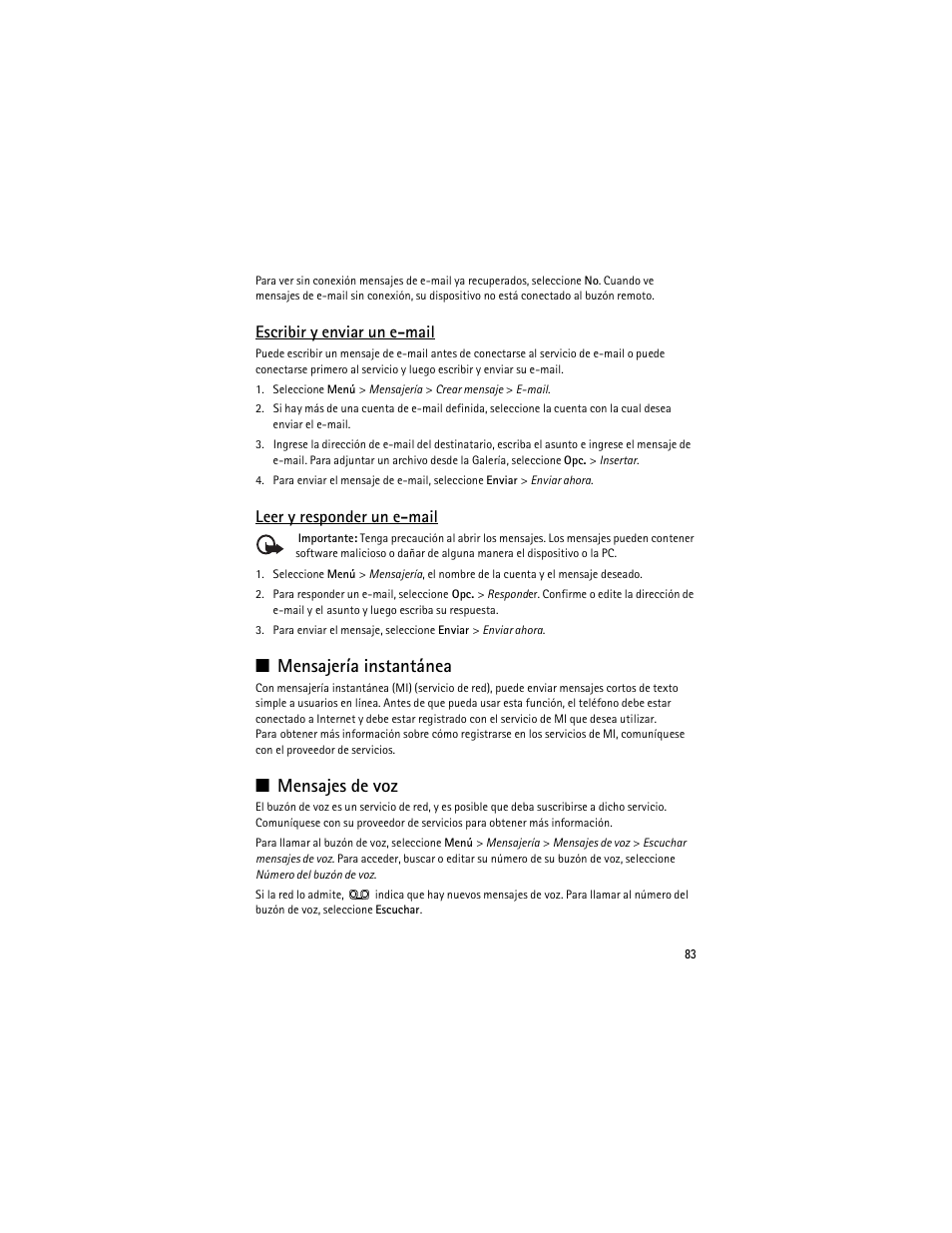 Mensajería instantánea, Mensajes de voz, Mensajería instantánea mensajes de voz | Escribir y enviar un e-mail, Leer y responder un e-mail | Nokia 3610 User Manual | Page 84 / 121