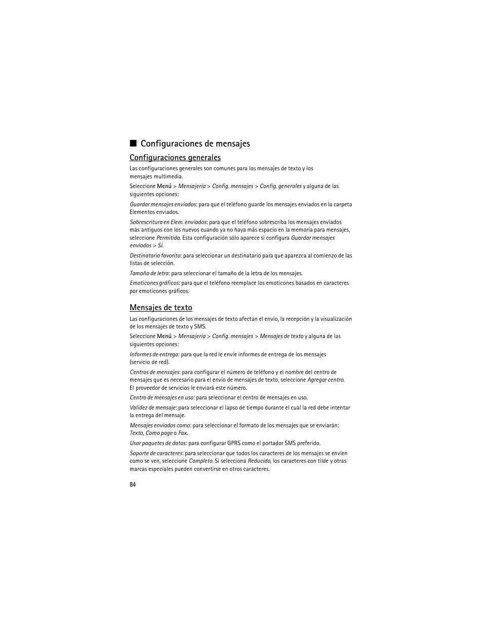 Configuraciones de mensajes, Configuraciones generales, Mensajes de texto | Nokia 3610 User Manual | Page 85 / 121