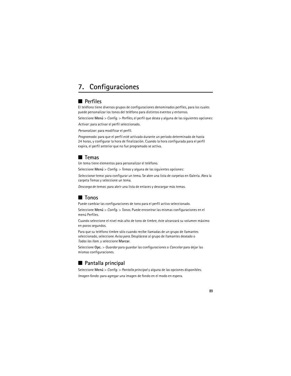 Configuraciones, Perfiles, Temas | Tonos, Pantalla principal, Perfiles temas tonos pantalla principal | Nokia 3610 User Manual | Page 90 / 121