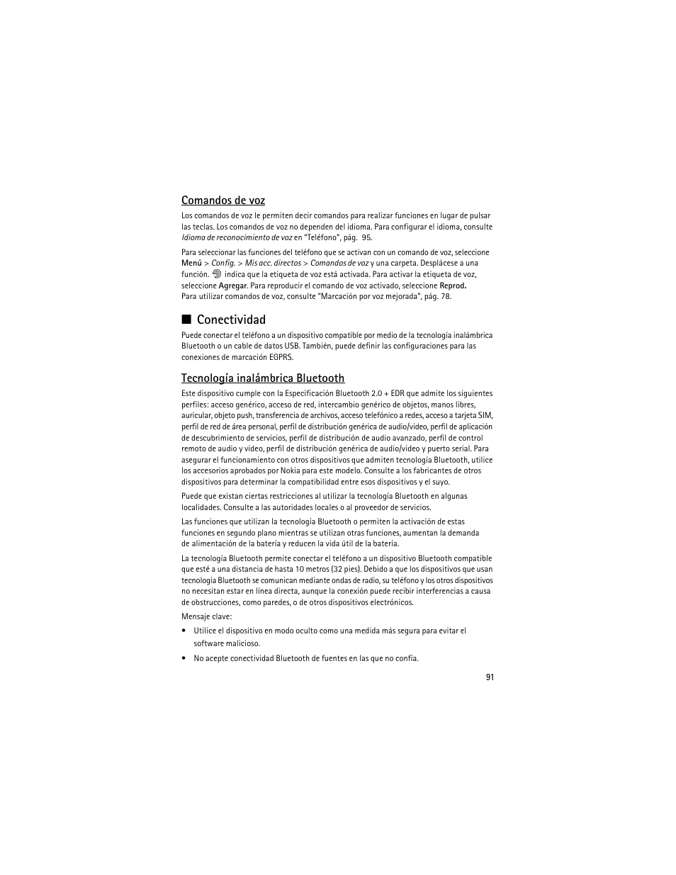 Conectividad, Comandos de voz, Tecnología inalámbrica bluetooth | Nokia 3610 User Manual | Page 92 / 121