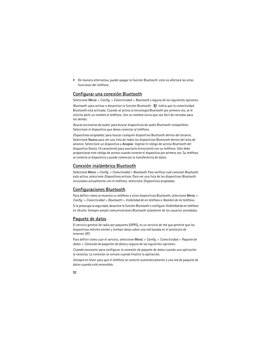 Configurar una conexión bluetooth, Conexión inalámbrica bluetooth, Configuraciones bluetooth | Paquete de datos | Nokia 3610 User Manual | Page 93 / 121