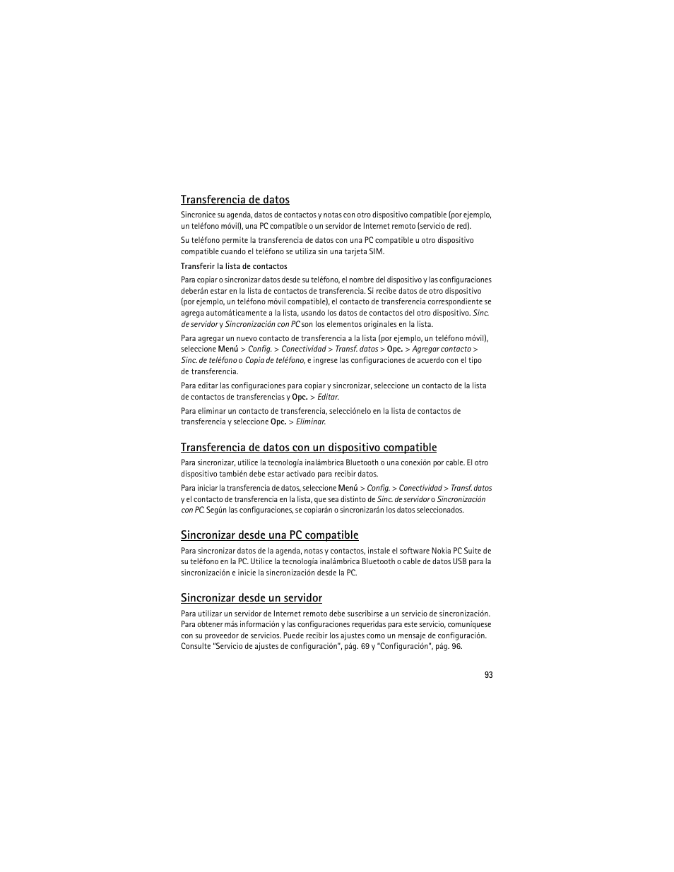 Transferencia de datos, Sincronizar desde una pc compatible, Sincronizar desde un servidor | Nokia 3610 User Manual | Page 94 / 121