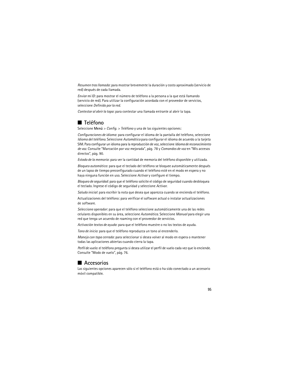 Teléfono, Accesorios, Teléfono accesorios | Teléfono”, p | Nokia 3610 User Manual | Page 96 / 121