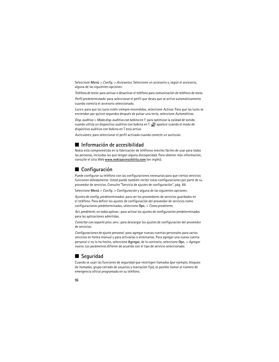 Información de accesibilidad, Configuración, Seguridad | Configuración”, pá, Configuración”, pбg. 96 | Nokia 3610 User Manual | Page 97 / 121