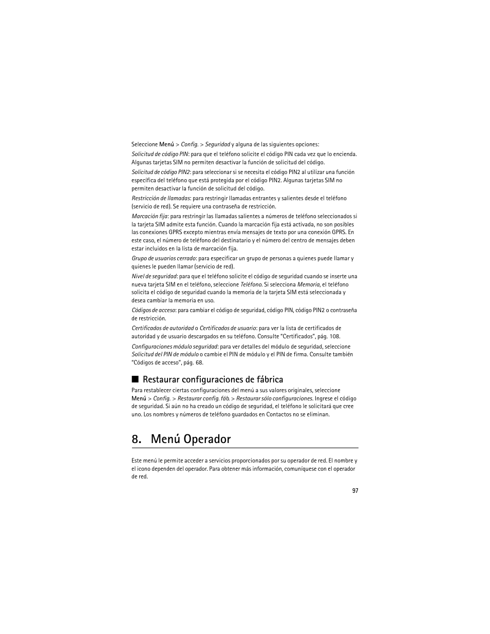 Restaurar configuraciones de fábrica, Menú operador | Nokia 3610 User Manual | Page 98 / 121