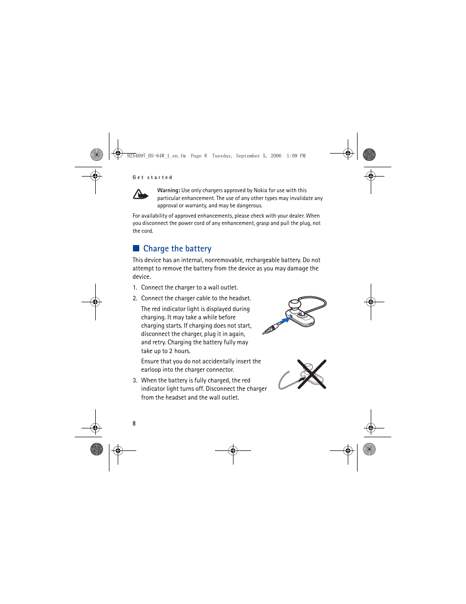 Charge the battery | Nokia BH-801 User Manual | Page 8 / 18