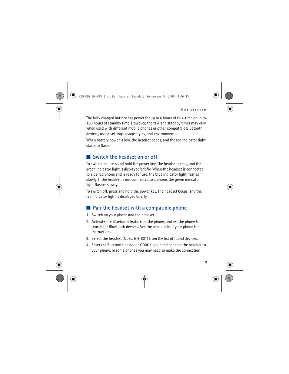 English, Switch the headset on or off, Pair the headset with a compatible phone | Nokia BH-801 User Manual | Page 9 / 18