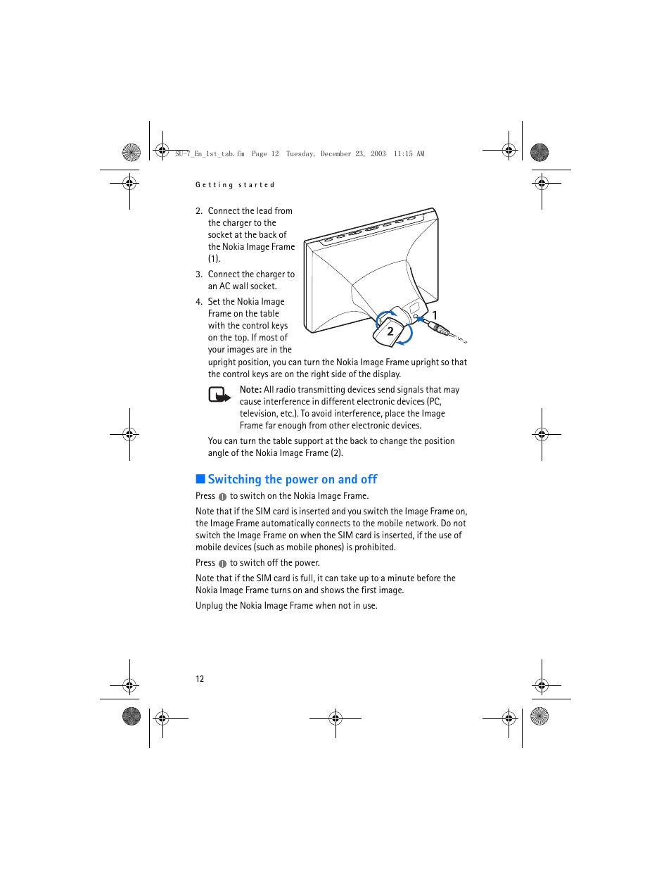 Switching the power on and off | Nokia SU-7 User Manual | Page 12 / 24