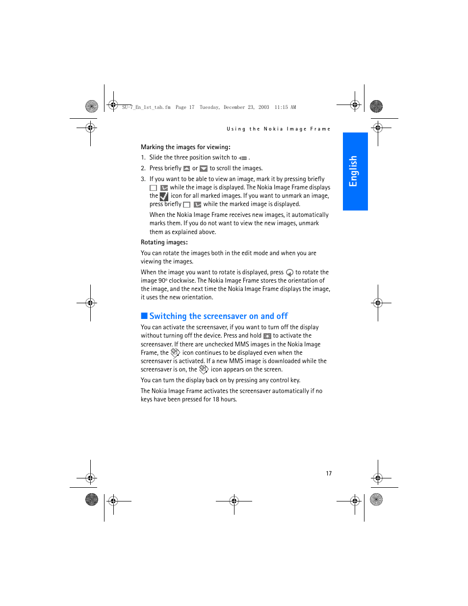 En gl ish, Switching the screensaver on and off | Nokia SU-7 User Manual | Page 17 / 24