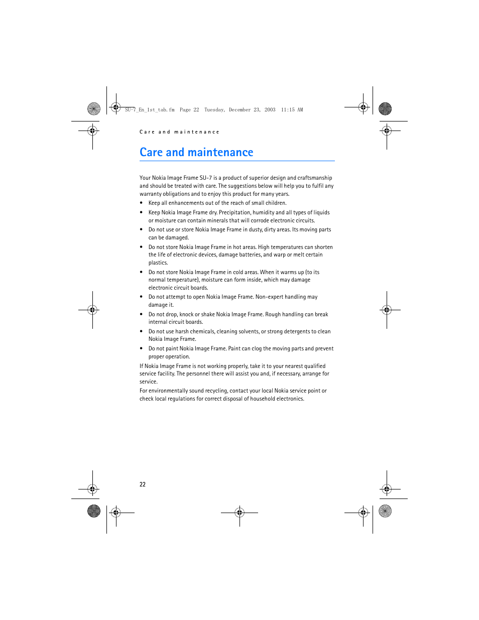 Care and maintenance | Nokia SU-7 User Manual | Page 22 / 24