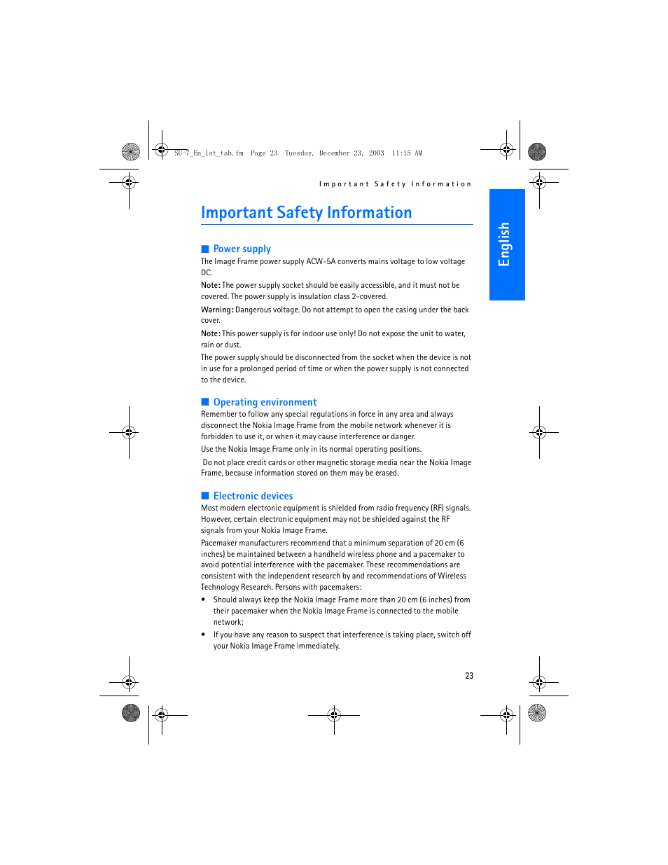 Important safety information, En gl ish | Nokia SU-7 User Manual | Page 23 / 24