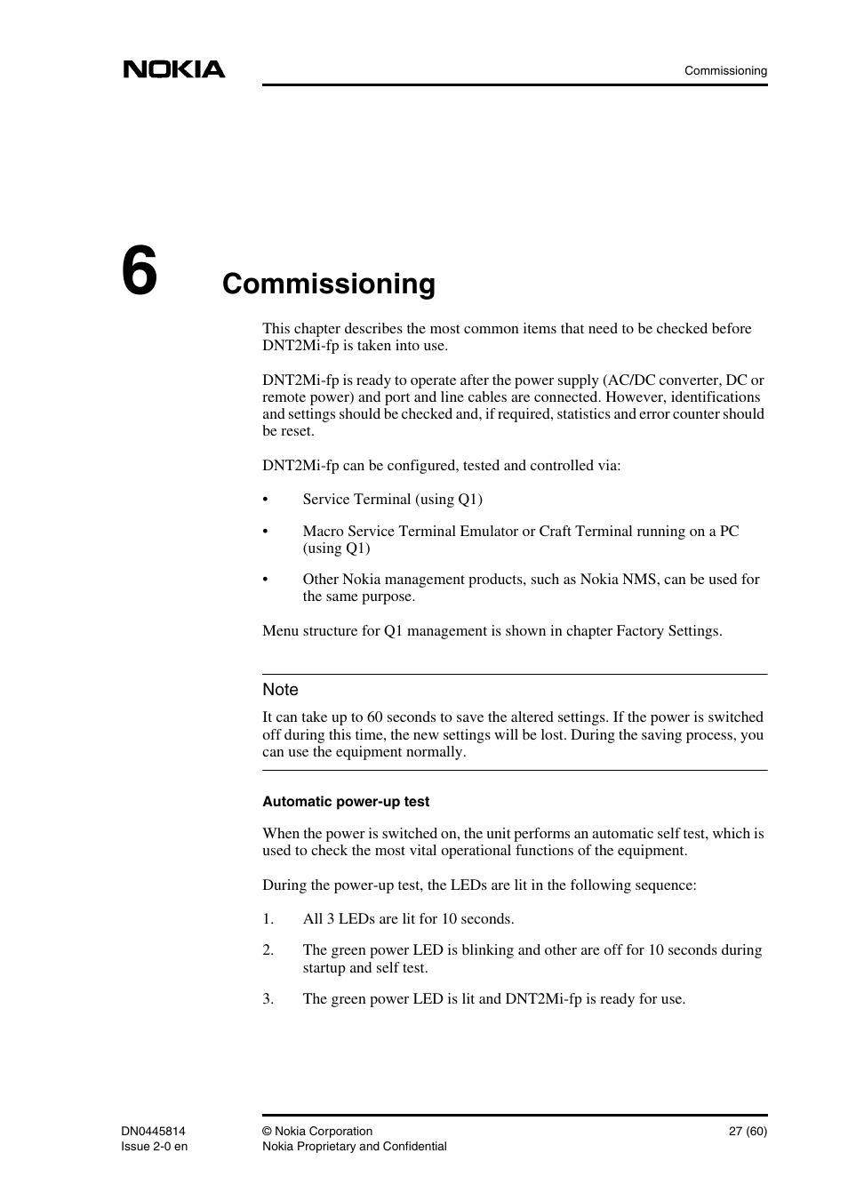 6 commissioning, Commissioning 27, Commissioning | Nokia DNT2Mi-fp User Manual | Page 27 / 60