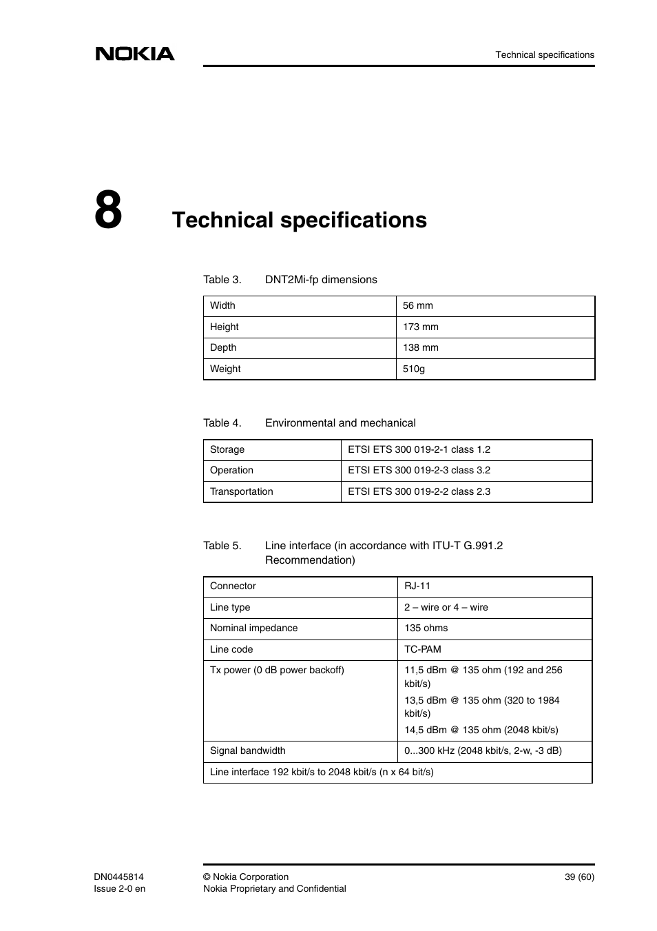 8 technical specifications, Technical specifications 39, Technical specifications | Nokia DNT2Mi-fp User Manual | Page 39 / 60