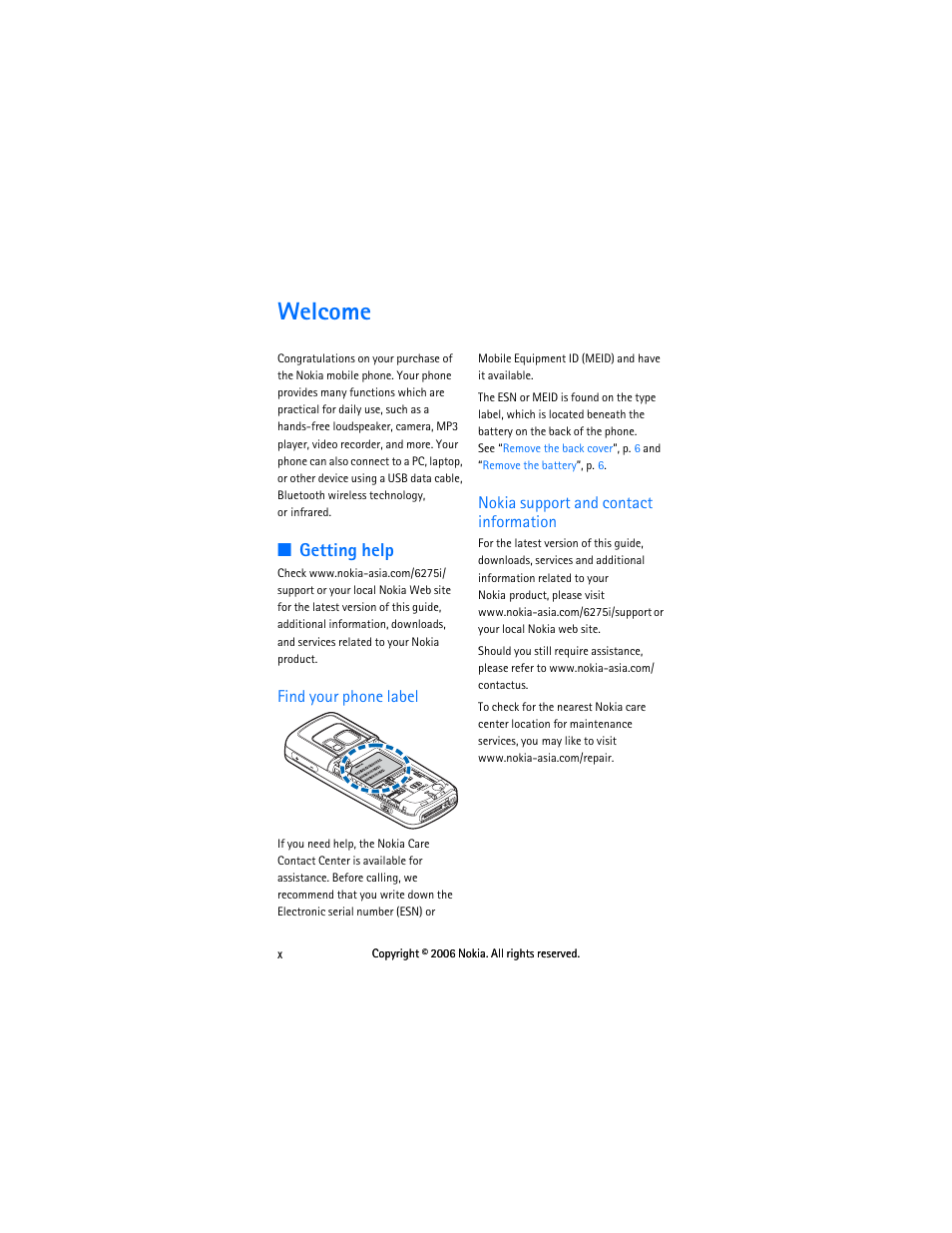 Welcome, Getting help, Find your phone label | Nokia support and contact information | Nokia 6275i User Manual | Page 10 / 101