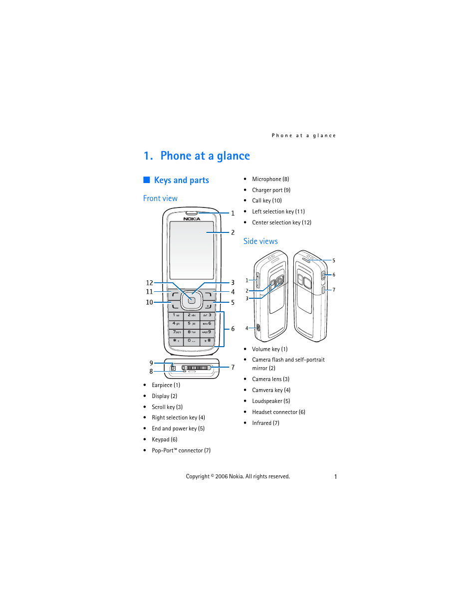 Phone at a glance, Keys and parts, Front view | Side views, Front view side views | Nokia 6275i User Manual | Page 11 / 101