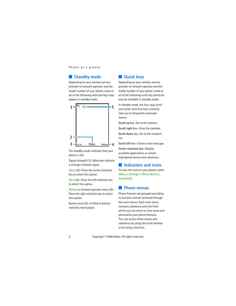 Standby mode, Quick keys, Indicators and icons | Phone menus | Nokia 6275i User Manual | Page 12 / 101