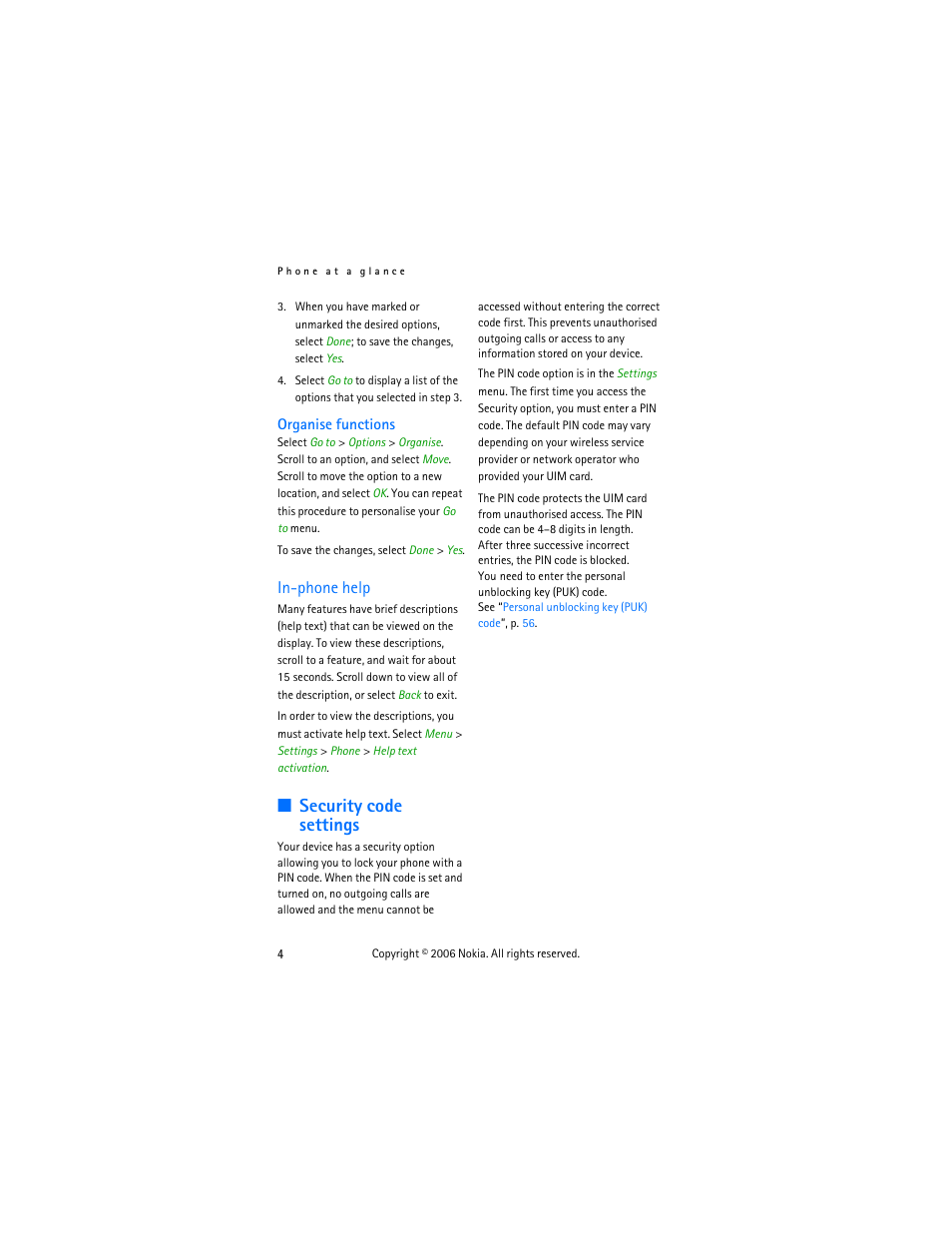 Organise functions, In-phone help, Security code settings | Nokia 6275i User Manual | Page 14 / 101