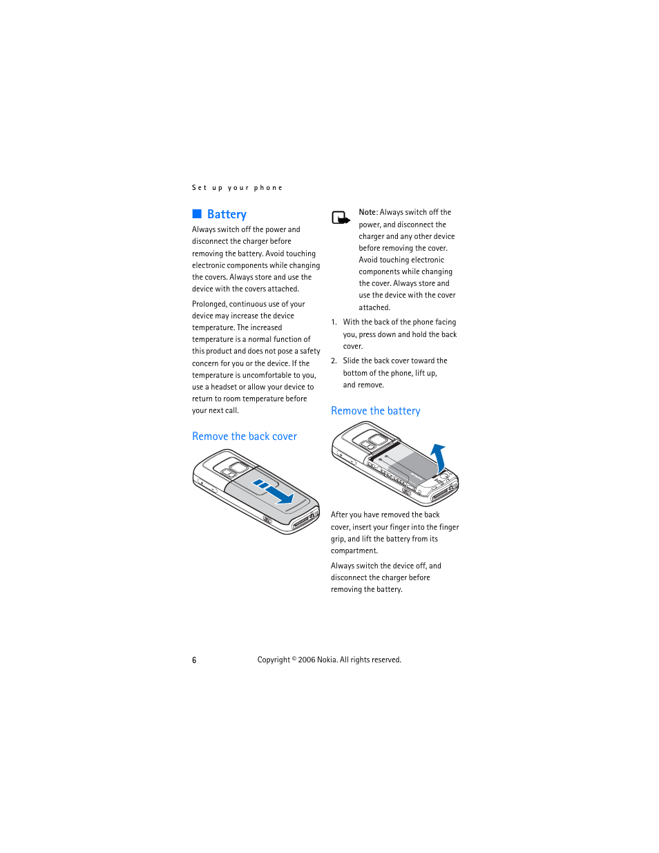 Battery, Remove the back cover, Remove the battery | Remove the back cover remove the battery | Nokia 6275i User Manual | Page 16 / 101