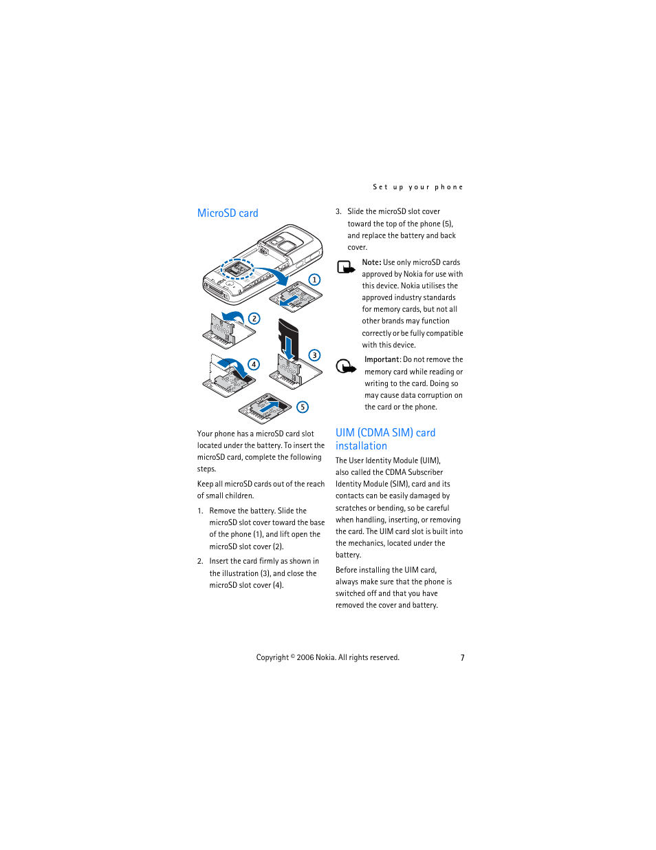 Microsd card, Uim (cdma sim) card installation, Microsd card uim (cdma sim) card installation | Nokia 6275i User Manual | Page 17 / 101