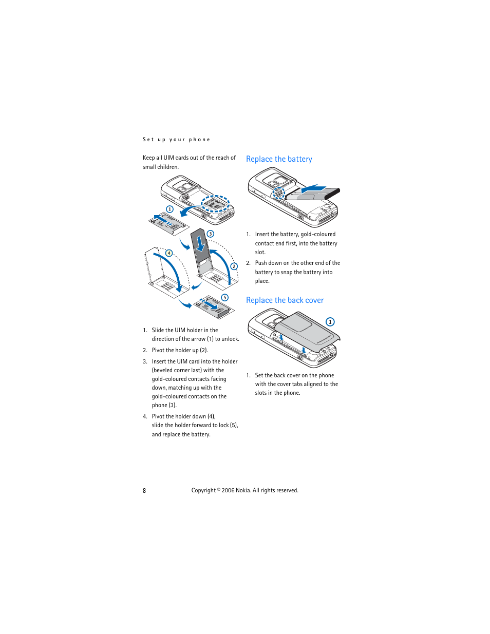 Replace the battery, Replace the back cover, Replace the battery replace the back cover | Nokia 6275i User Manual | Page 18 / 101