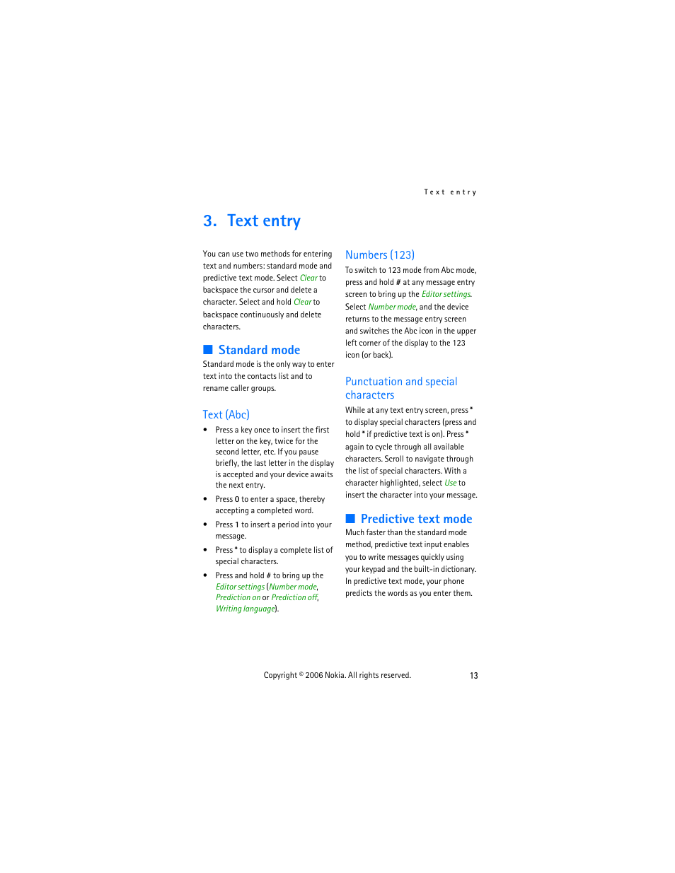 Text entry, Standard mode, Text (abc) | Numbers (123), Punctuation and special characters, Predictive text mode | Nokia 6275i User Manual | Page 23 / 101