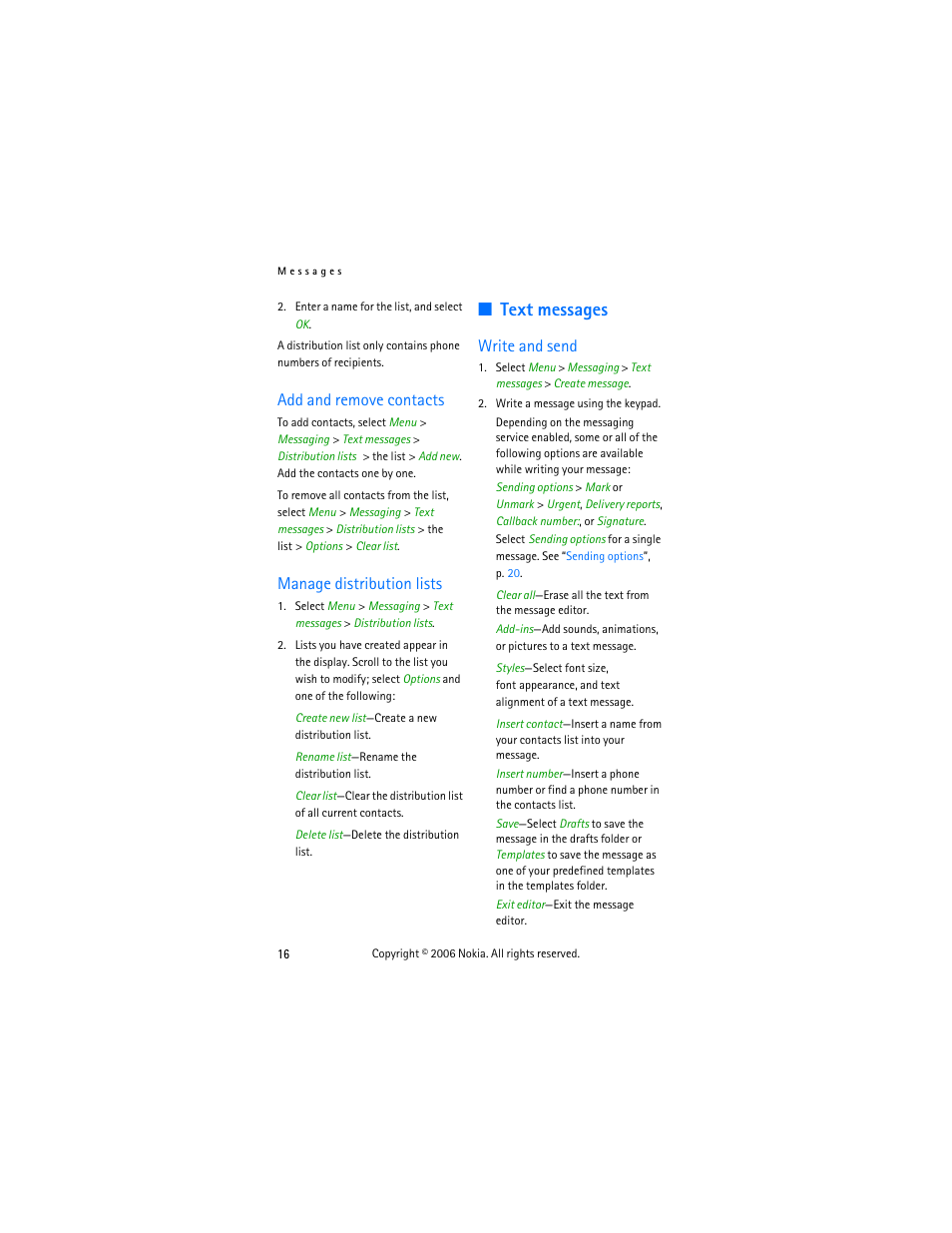 Add and remove contacts, Manage distribution lists, Text messages | Write and send, Add and remove contacts manage distribution lists | Nokia 6275i User Manual | Page 26 / 101
