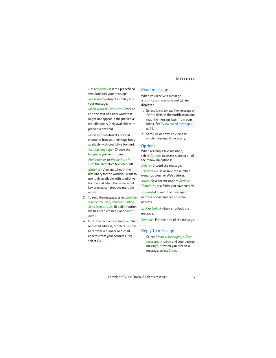 Read message, Options, Reply to message | Read message reply to message | Nokia 6275i User Manual | Page 27 / 101