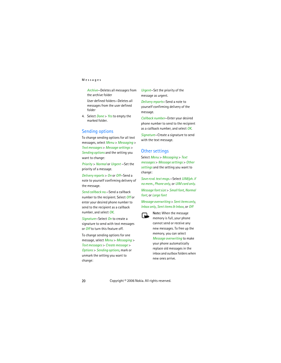 Sending options, Other settings, Sending options other settings | Message. see | Nokia 6275i User Manual | Page 30 / 101