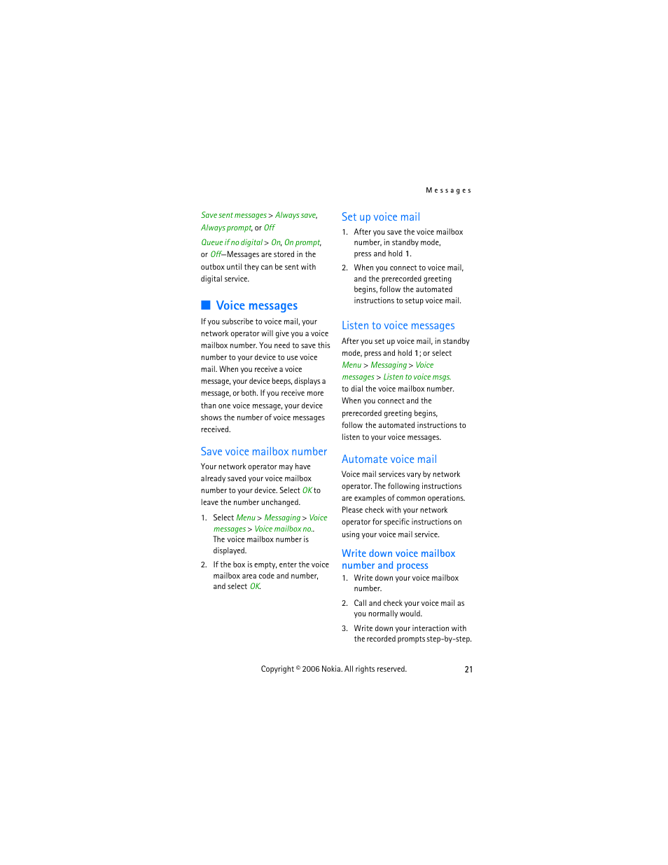 Voice messages, Save voice mailbox number, Set up voice mail | Listen to voice messages, Automate voice mail, Write down voice mailbox number and process | Nokia 6275i User Manual | Page 31 / 101