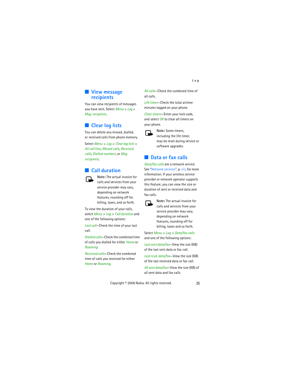View message recipients, Clear log lists, Call duration | Data or fax calls | Nokia 6275i User Manual | Page 35 / 101