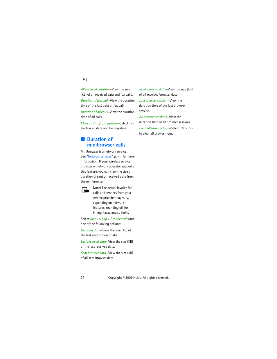 Duration of minibrowser calls | Nokia 6275i User Manual | Page 36 / 101