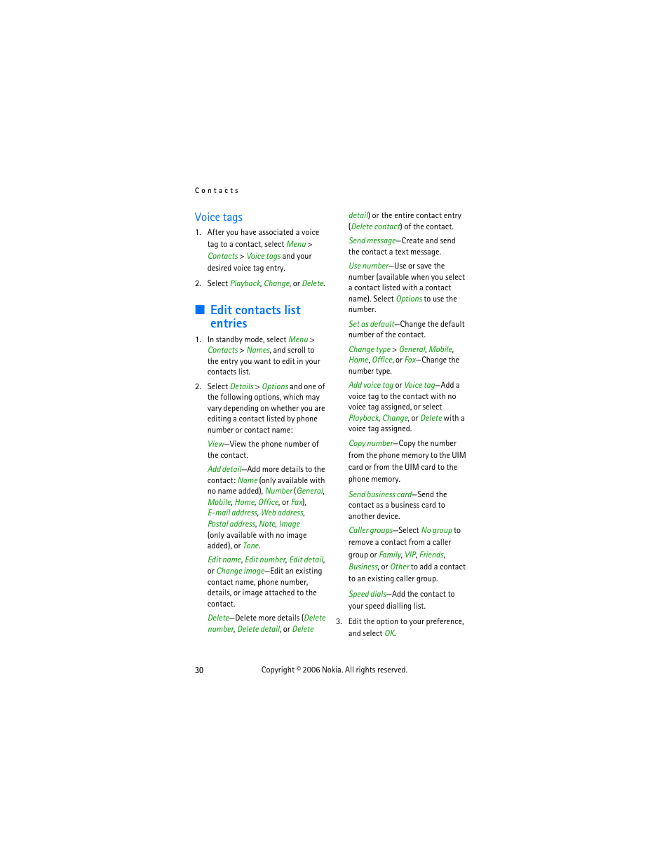 Voice tags, Edit contacts list entries | Nokia 6275i User Manual | Page 40 / 101